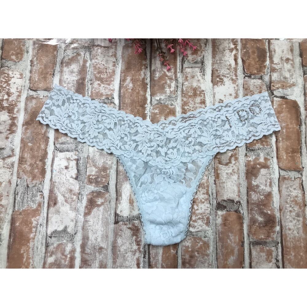 Hanky Panky Celeste Sky Blue Signature "I DO" Lace Low Rise Thong sz Med